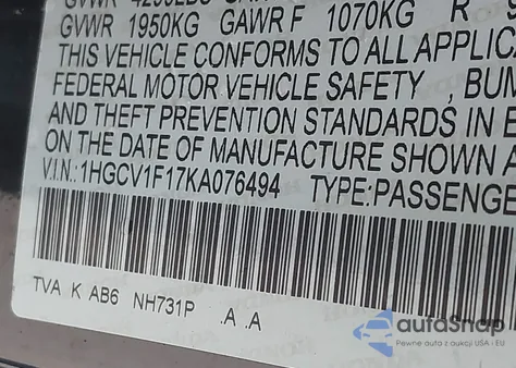 2019 Honda Accord Lx z USA, uszkodzony, nr VIN 1HGCV1F17KA076494